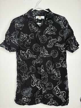 Space Jam 25th Anniversary Black Graphic Short-Sleeve Button-Up Shirt Small